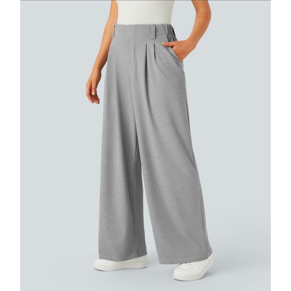 Halara Flex High Waisted Wide Leg Waffle Work Pants Mink Grey Large Petite